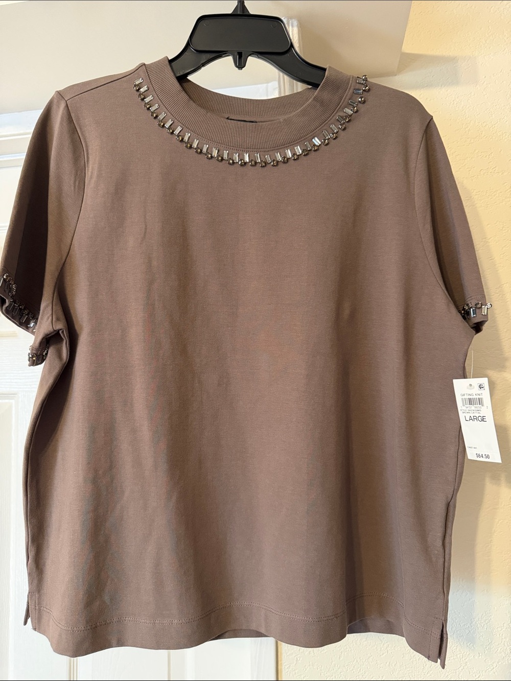 NWT INC Size Large Embellished Brown Short-Sleeve Women's Top